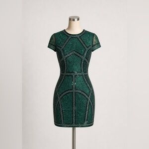 Lulus Emerald Green Sequin Embroidered Bodycon Mini Dress | Geometric Beaded